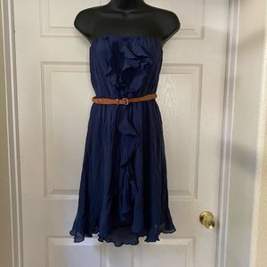 Navy Blue Strapless Ruffle Dress